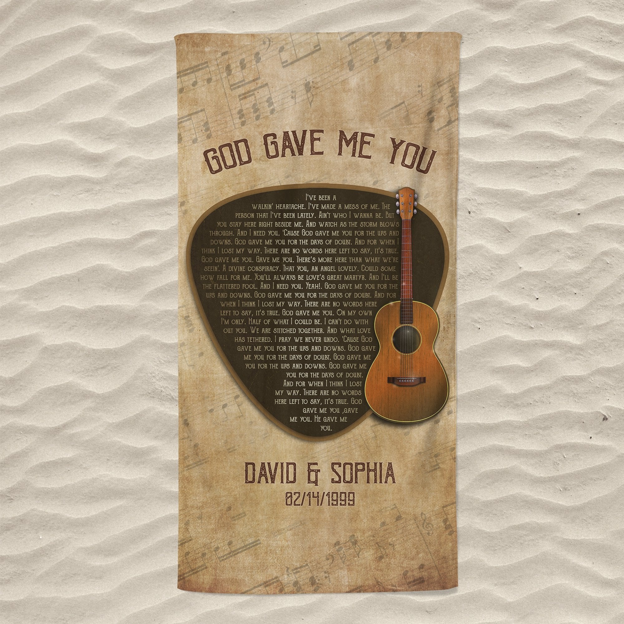 Custom Song Lyrics, Personalized Name And Date, Guitar Pick Towel