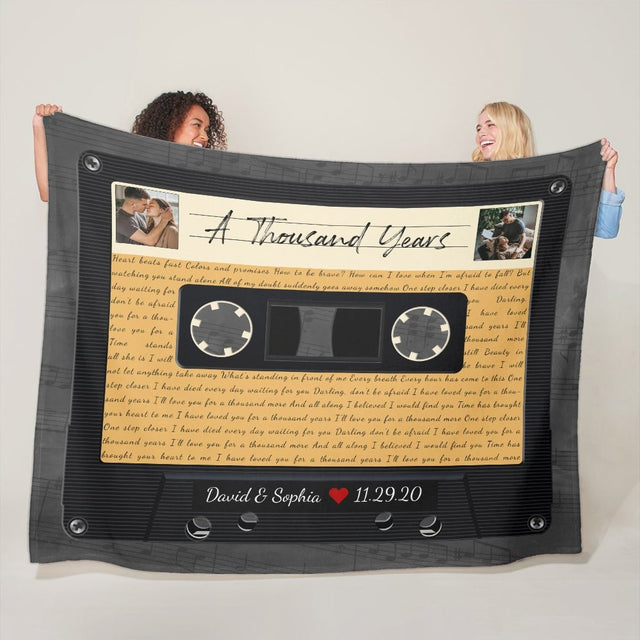 Custom Song Lyrics, Personalized Text And Upload Photo, Black Cassette Tape Blanket