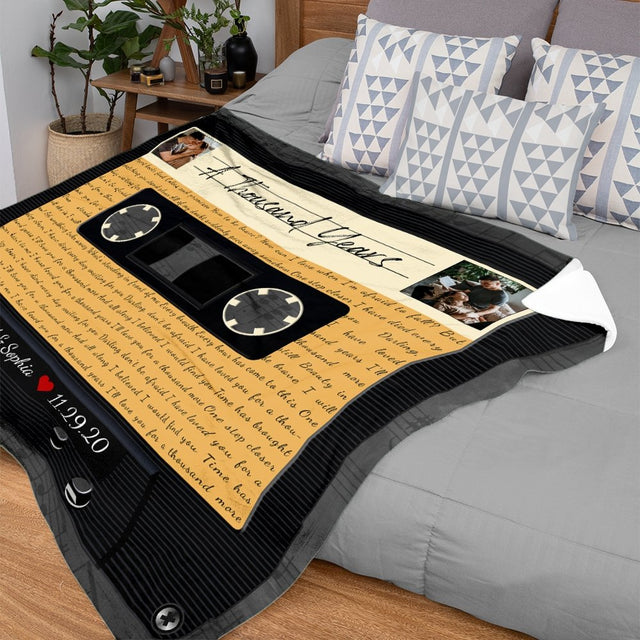 Custom Song Lyrics, Personalized Text And Upload Photo, Black Cassette Tape Blanket