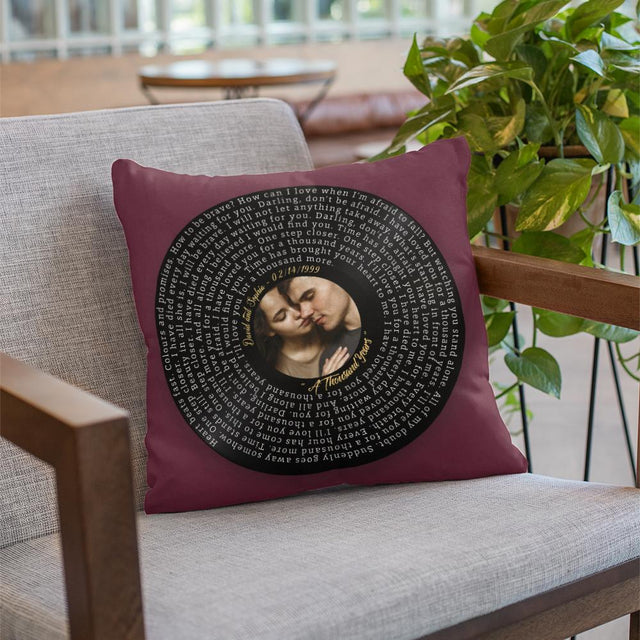 Custom Song Lyrics, Upload Photo, Personalized Name And Date, Vinyl Record Pillow