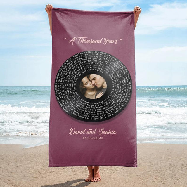 Custom Song Lyrics, Upload Photo, Personalized Text Vinyl Record Towel