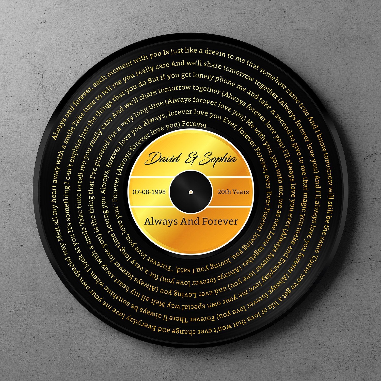 Custom Song Lyrics, Yellow Vinyl Record, Personalized Song Name And Text Round Wood Sign