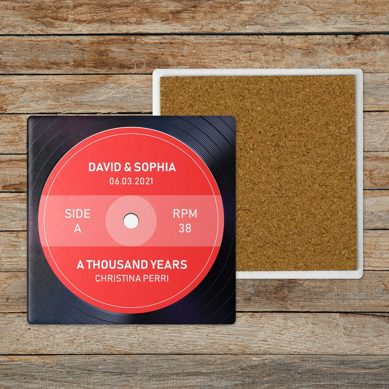 Custom Song Name, Name And Date, Red Vinyl Record, Stone Coasters Set Of 4