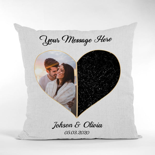 Custom Star Map And Photo 2 In 1 Heart Art, Personalized Text Pillow