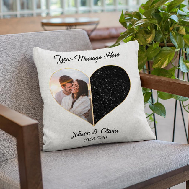 Custom Star Map And Photo 2 In 1 Heart Art, Personalized Text Pillow
