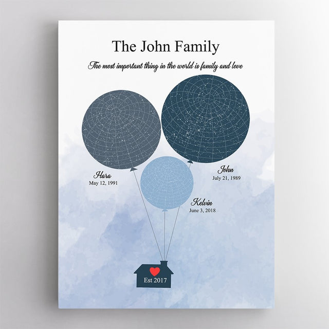 Custom Star Map Canvas Gift For Family - Family Balloons 3 Persons