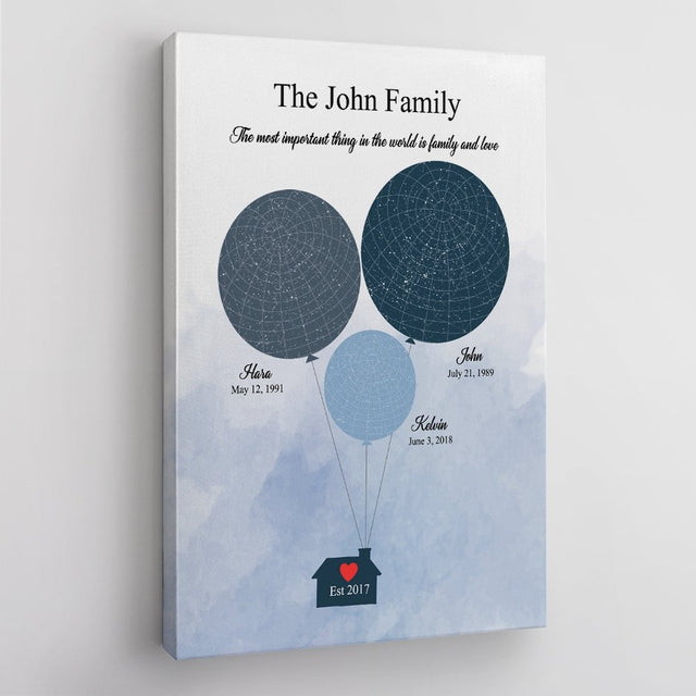 Custom Star Map Canvas Gift For Family - Family Balloons 3 Persons