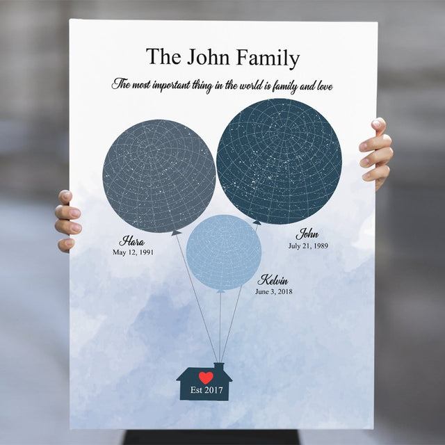 Custom Star Map Canvas Gift For Family - Family Balloons 3 Persons
