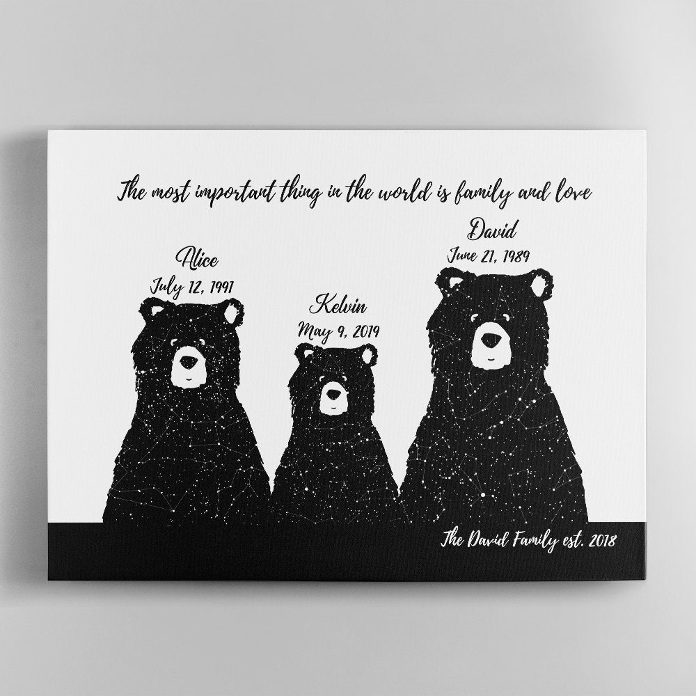 Custom Star Map Canvas Gift For Family - Family Bear 3 Persons