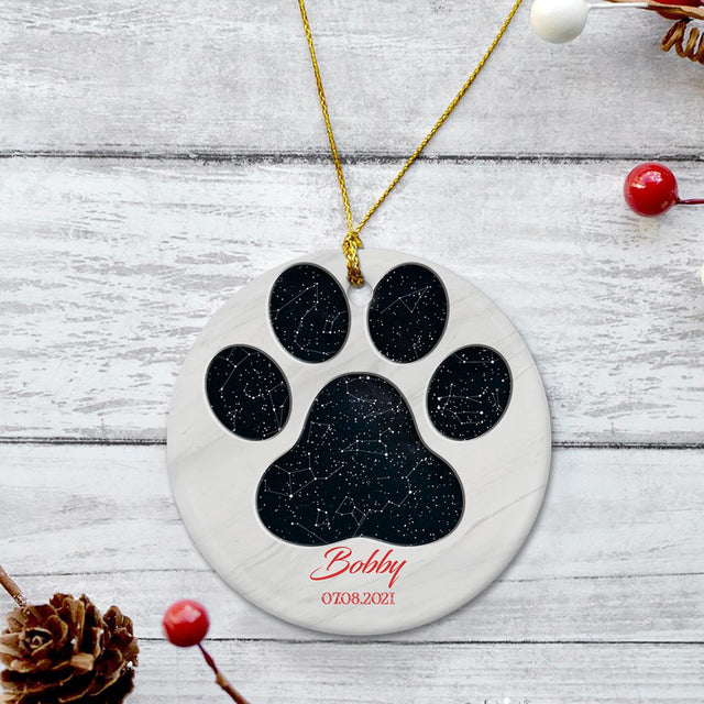 Custom Star Map Christmas Circle Ornament 2 Sided, Dog Paw