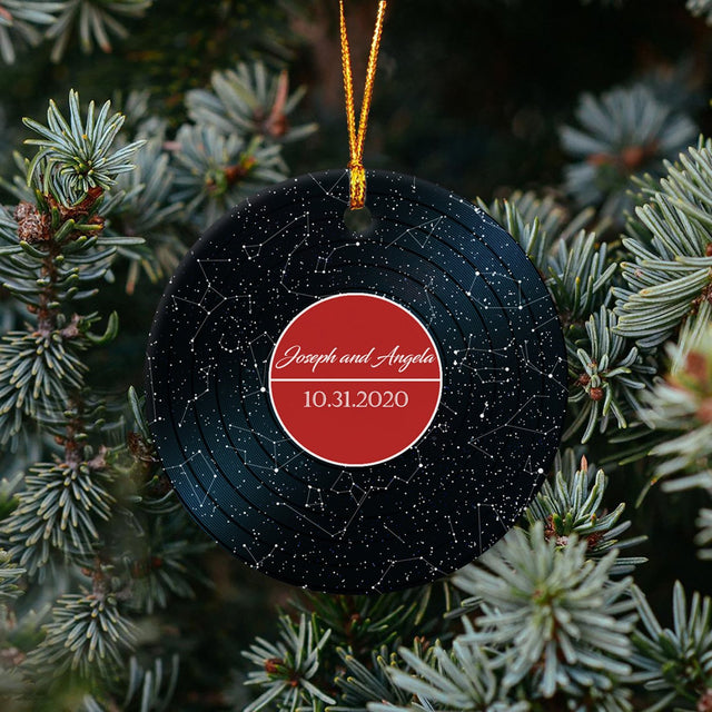 Custom Star Map Christmas Circle Ornament 2 Sided, Personalized Name And Date, Vinyl Record