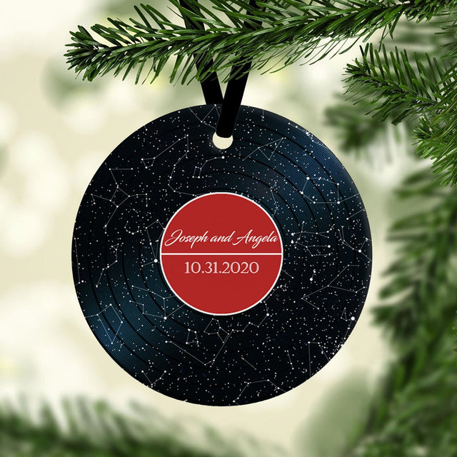 Custom Star Map Christmas Circle Ornament 2 Sided, Personalized Name And Date, Vinyl Record