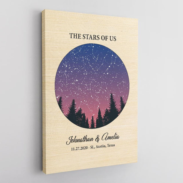 Custom Star Map Couples Wedding, Engagement Gifts Light Wood Background Canvas SM53