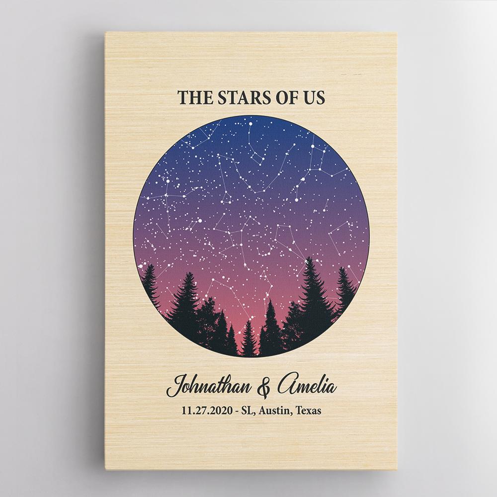 Custom Star Map Couples Wedding, Engagement Gifts Light Wood Background Canvas SM53
