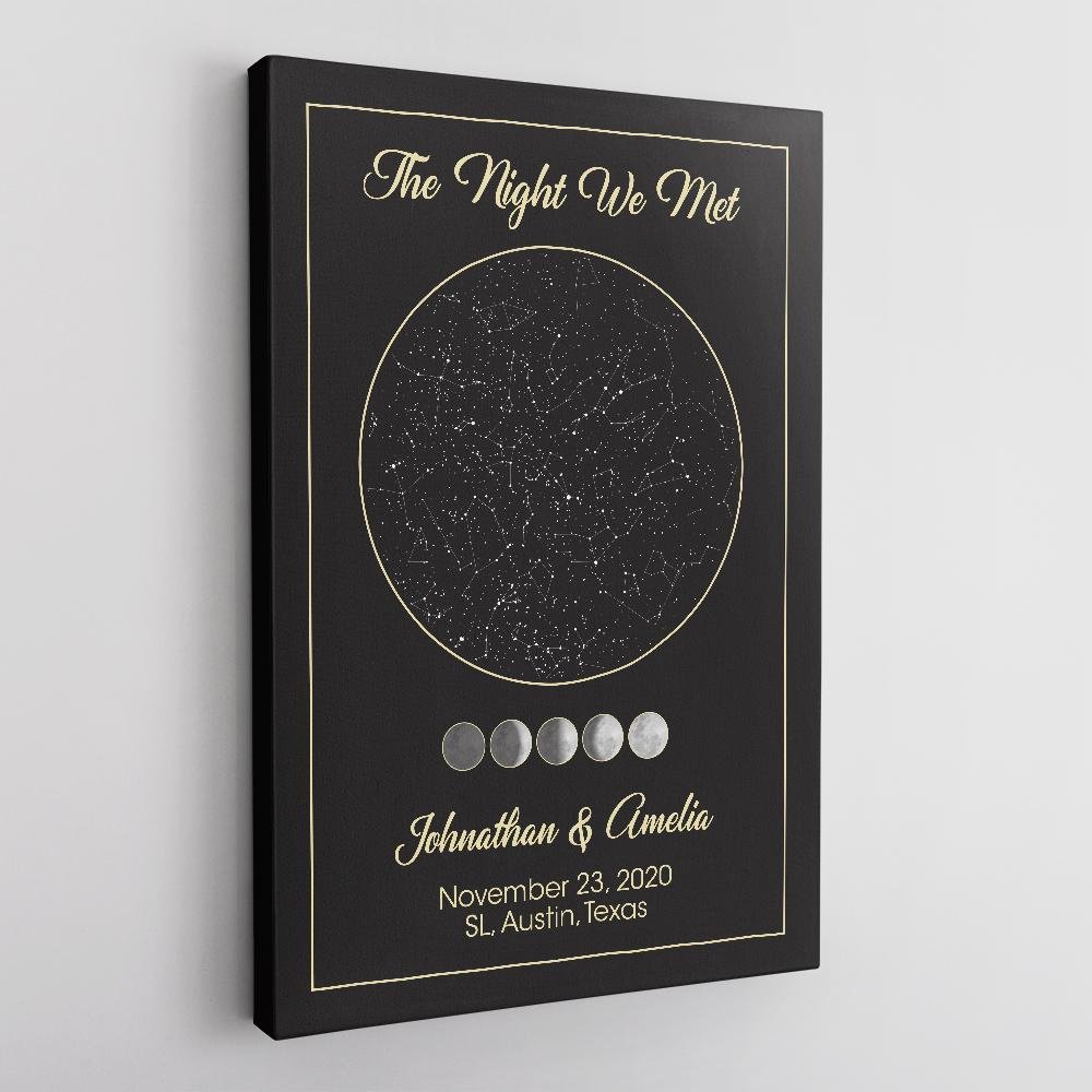 Custom Star Map, Personalized Night Sky And Text, Anniversary Gift Black Background Canvas