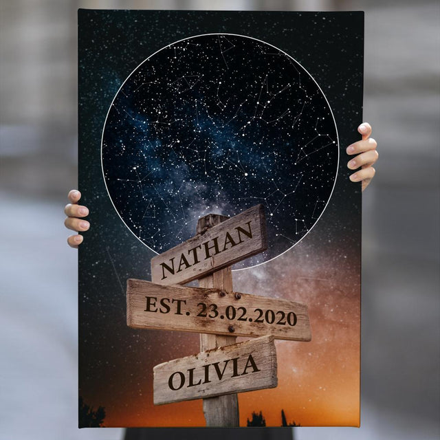 Custom Star Map, Personalized Night Sky And Text Street Sign Black Background Canvas