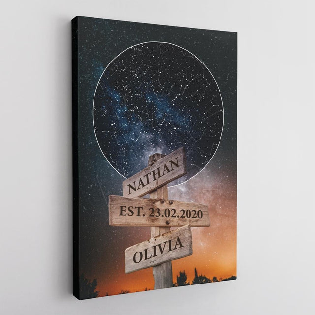 Custom Star Map, Personalized Night Sky And Text Street Sign Black Background Canvas