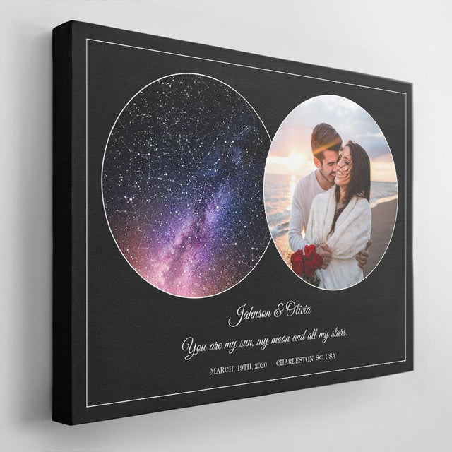 Custom Star Map, Personalized Night Sky, Photo And Text Black Background Canvas
