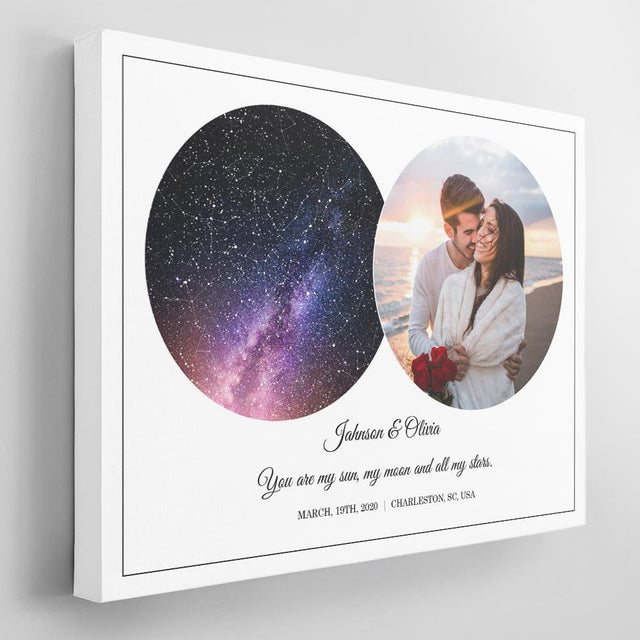 Custom Star Map, Personalized Night Sky, Photo And Text White Background Canvas