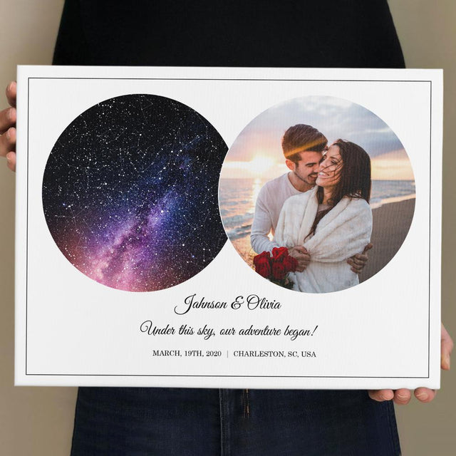 Custom Star Map, Personalized Night Sky, Photo And Text White Background Canvas