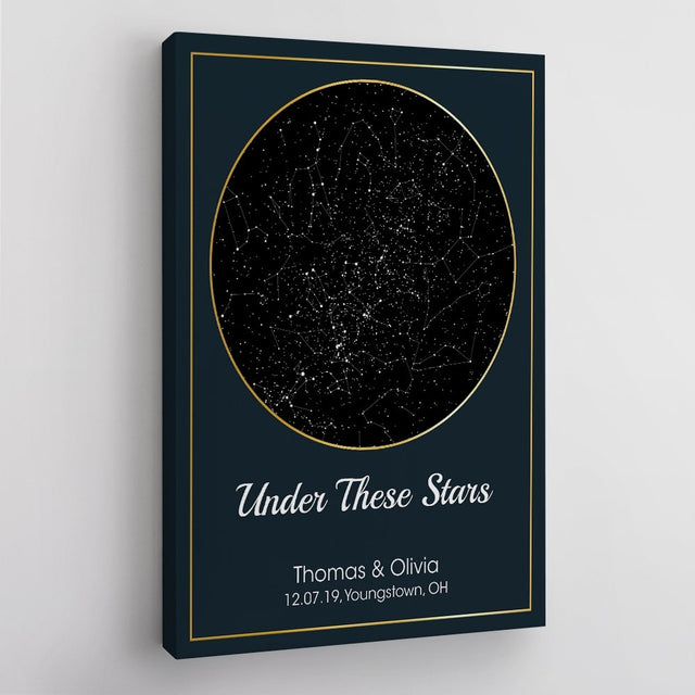 Custom Star Map Print Canvas Gold Line Deep Blue Background