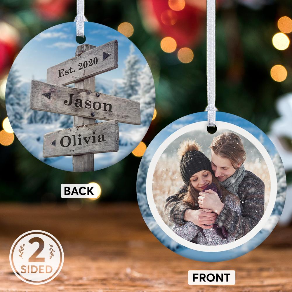 Custom Street Sign Custom Photo, Date And Text Decorative Christmas Circle Ornament 2 Sided