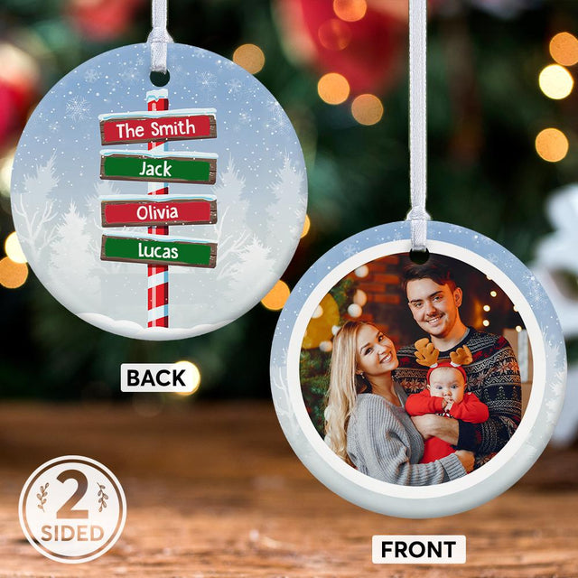 Custom Street Sign Family Custom Photo And Text Decorative Christmas Circle Ornament 2 Sided