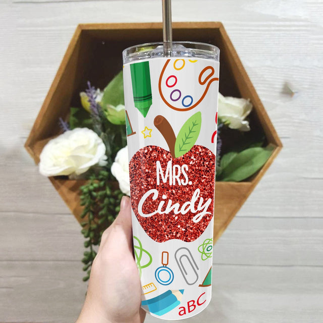 Custom Teacher Tumbler, Apple Art
