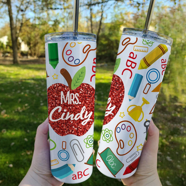 Custom Teacher Tumbler, Apple Art