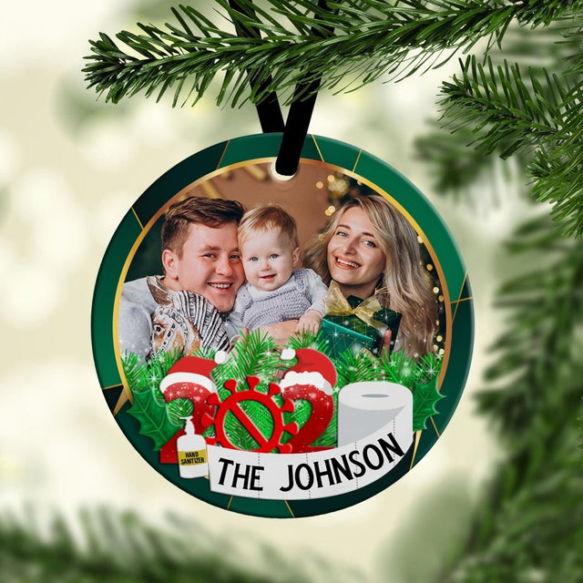 Custom Upload Photo And Family Name 2020 Gold Green Background Decorative Christmas Circle Ornament 2 Sided