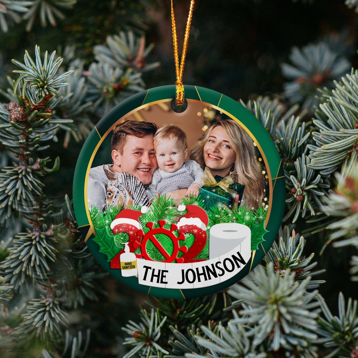 Custom Upload Photo And Family Name 2020 Gold Green Background Decorative Christmas Circle Ornament 2 Sided
