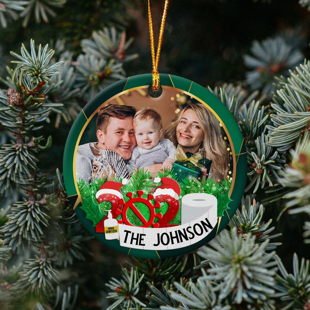 Custom Upload Photo And Family Name 2020 Gold Green Background Decorative Christmas Circle Ornament 2 Sided