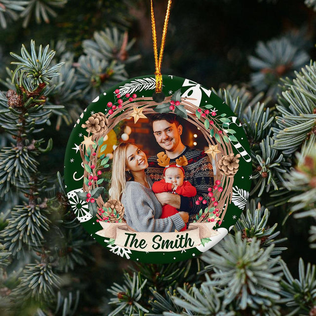 Custom Upload Photo And Family Name Green Background Decorative Christmas Circle Ornament 2 Sided