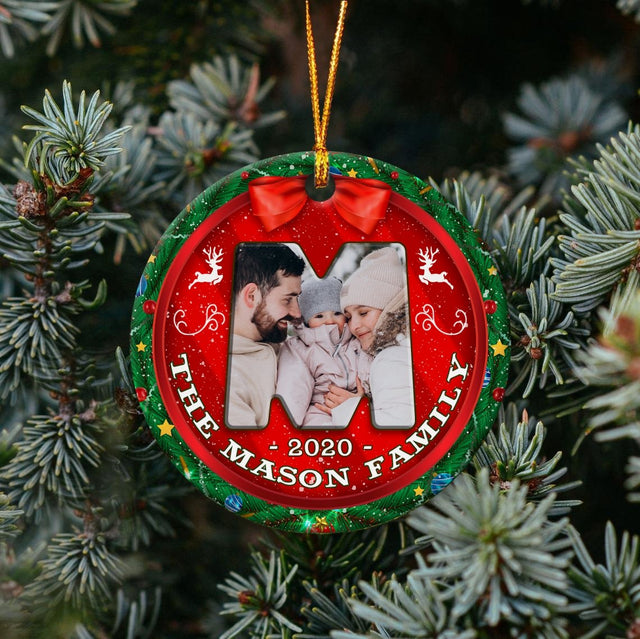 Custom Upload Photo On Family Name Decorative Christmas Circle Ornament 2 Sided