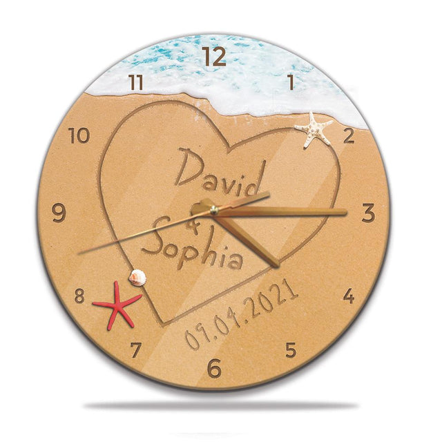 Custom Wall Clock, Personalized Name And Date, Sand Ocean Background