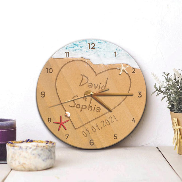 Custom Wall Clock, Personalized Name And Date, Sand Ocean Background