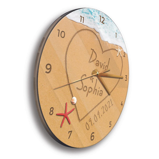 Custom Wall Clock, Personalized Name And Date, Sand Ocean Background