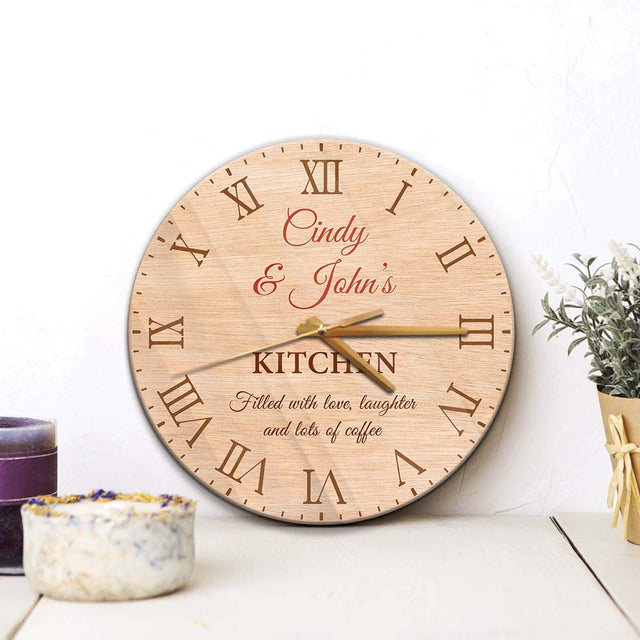 Custom Wall Clock, Personalized Name And Text, Filled With Love, Laughter And Lots Of Coffee