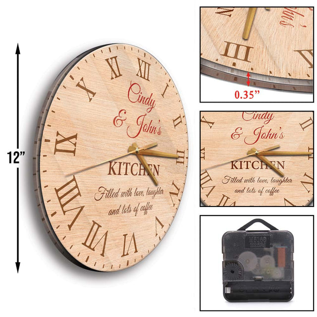 Custom Wall Clock, Personalized Name And Text, Filled With Love, Laughter And Lots Of Coffee