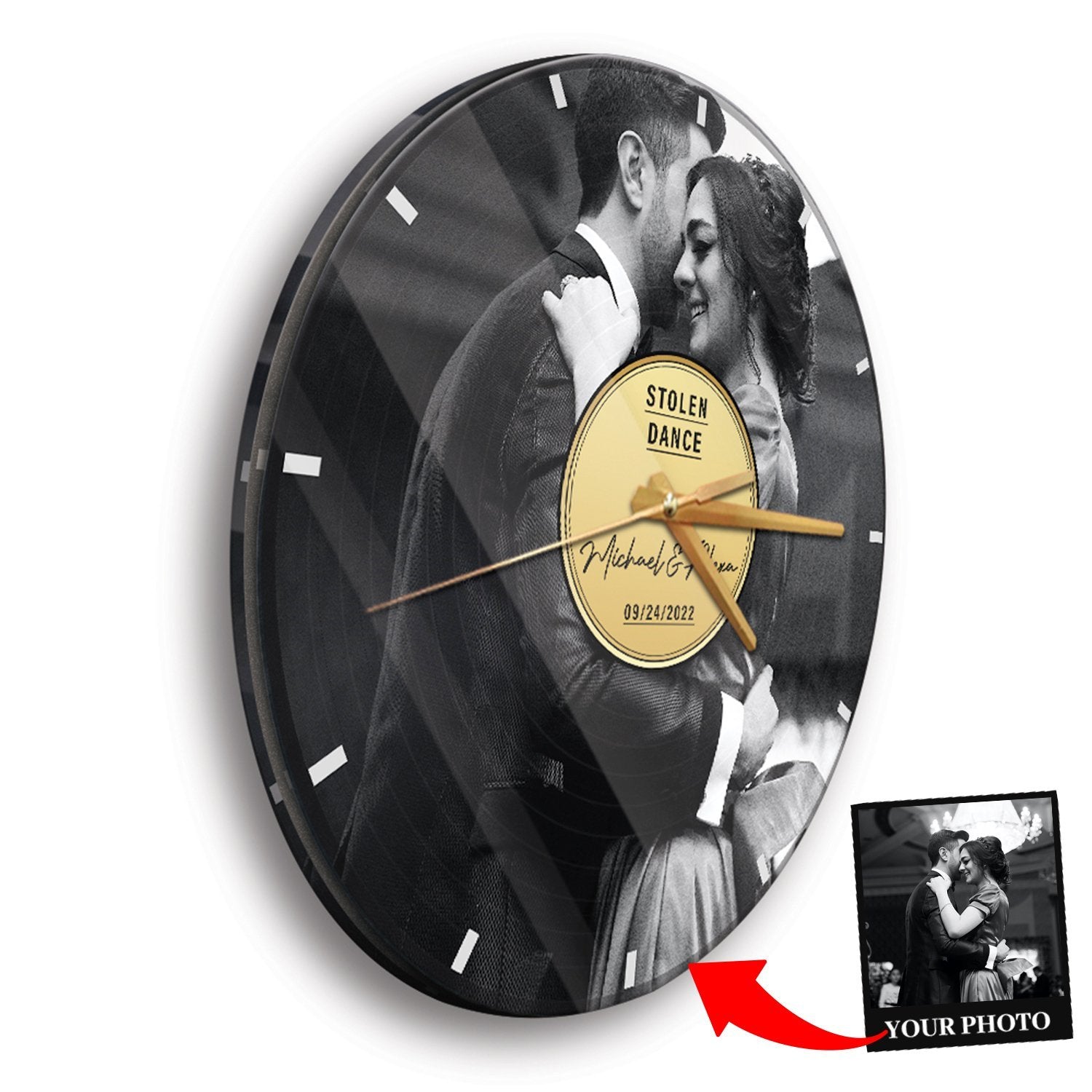 Custom Wall Clock, Personalized Photo, Black & White Style, Personalized Name And Text