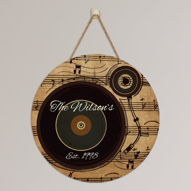 Custom Welcome Sign, Personalized Family Name And Text, Vinyl Record, Round Wood Sign