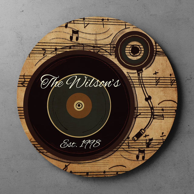 Custom Welcome Sign, Personalized Family Name And Text, Vinyl Record, Round Wood Sign
