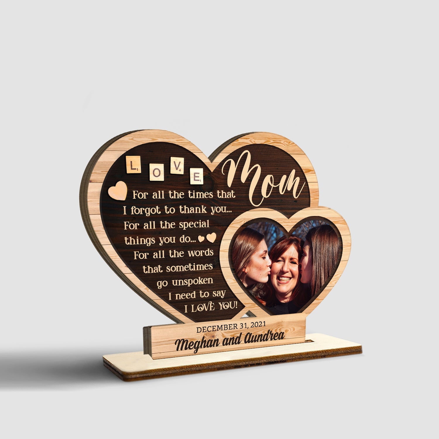 Custom Wooden Plaque 3 Layers, Customizable Photo And Name, Hearts Sha