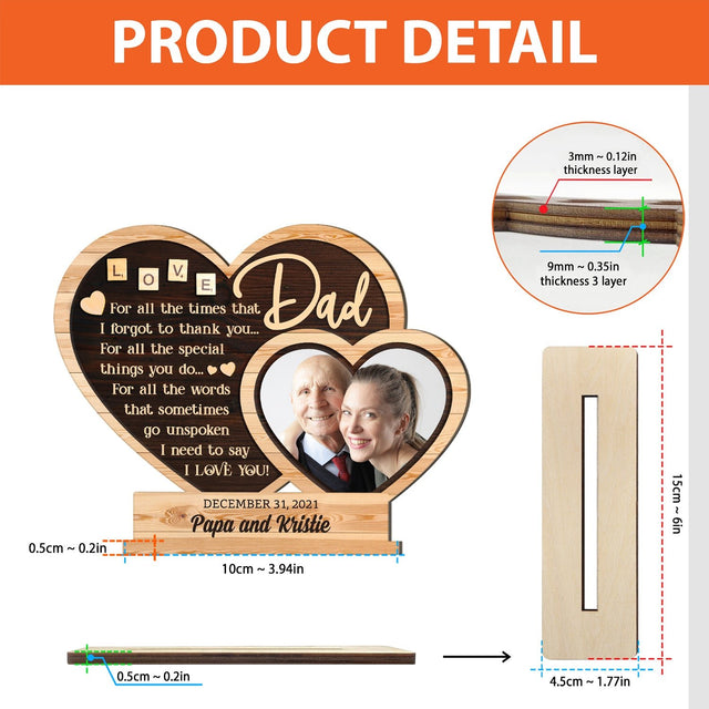 Custom Wooden Plaque 3 Layers, Personalized Photo And Name, Hearts Shape, Gift For Dad