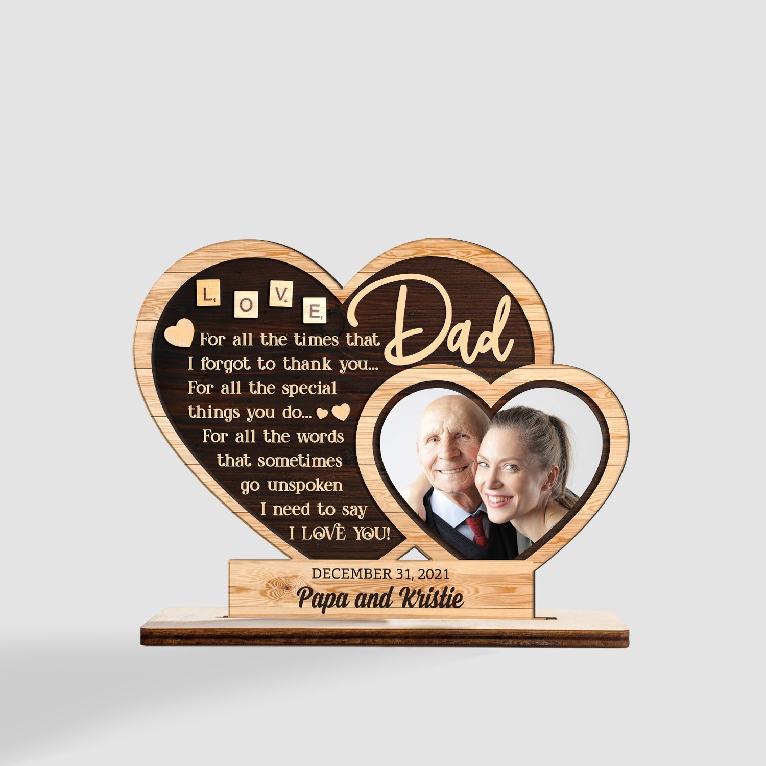 Custom Wooden Plaque 3 Layers, Personalized Photo And Name, Hearts Shape, Gift For Dad
