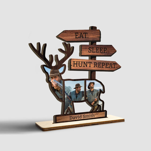 Eat Sleep Hunting Repeat, Custom Photo And Text, Wooden Plaque 3 Layers