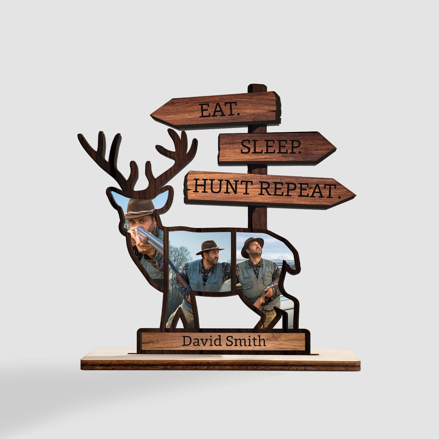Eat Sleep Hunting Repeat, Custom Photo And Text, Wooden Plaque 3 Layers