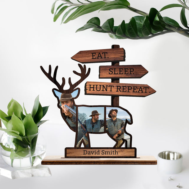Eat Sleep Hunting Repeat, Custom Photo And Text, Wooden Plaque 3 Layers
