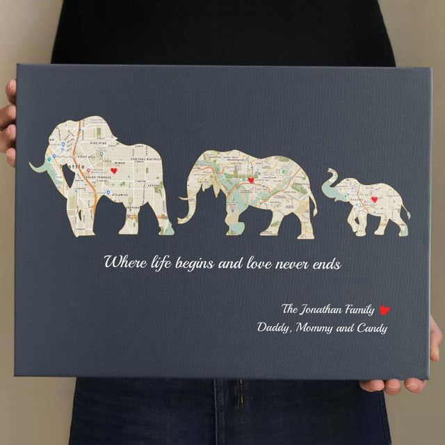 Elephant Family, Custom Map Print, Personalized Family Name And Text Canvas Wall Art