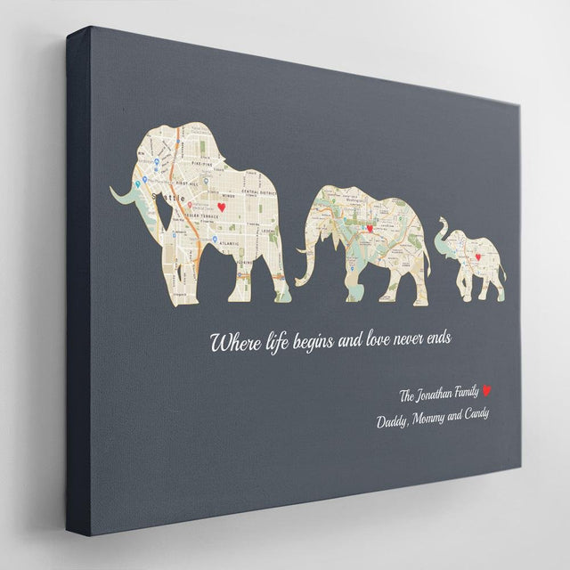 Elephant Family, Custom Map Print, Personalized Family Name And Text Canvas Wall Art